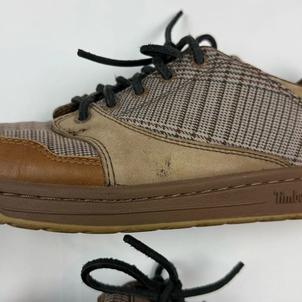 Vtg Timberland Mens Deck Shoes US 9 Leather/Canvas Plaid Brown